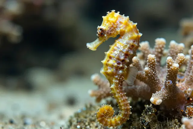 A small yellow patterned seahorse rests next to stony coral on a blurred underwater seabed.
