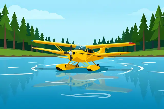 Yellow seaplane floating on calm lake water surrounded by a pine forest under a light blue sky