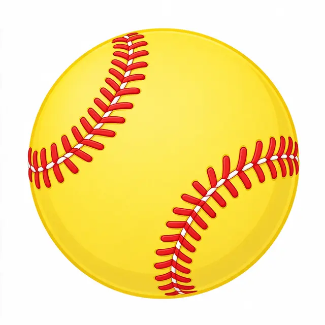 Flat clipart illustration of a bright yellow softball with red stitching isolated on a plain white background