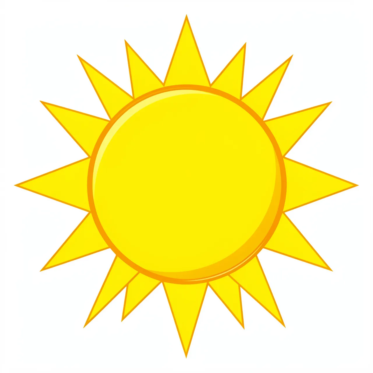 Flat cartoon style bright yellow sun with pointed triangular rays isolated on a plain white background