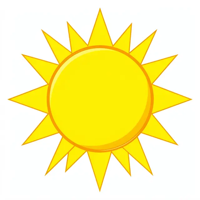 Flat cartoon style bright yellow sun with pointed triangular rays isolated on a plain white background