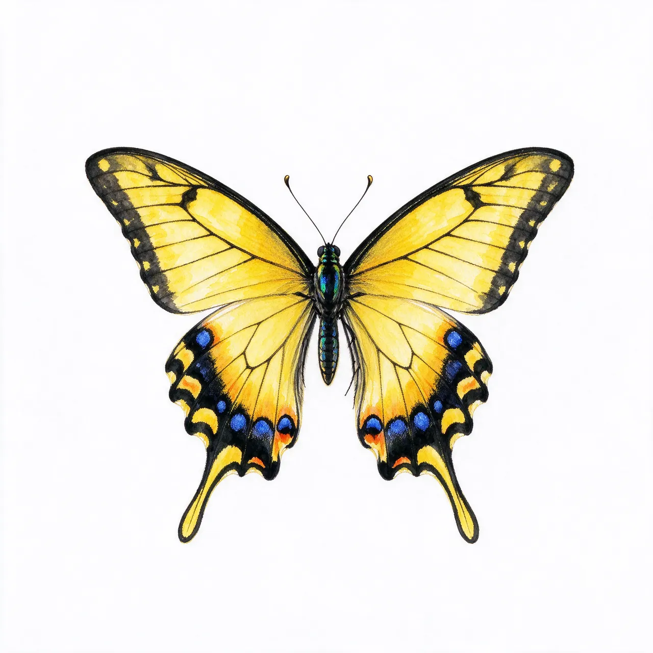 A detailed watercolor illustration of a yellow swallowtail butterfly on a plain white background
