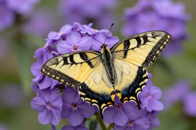 A yellow and black swallowtail butterfly rests with spread wings on a cluster of purple phlox flowers.