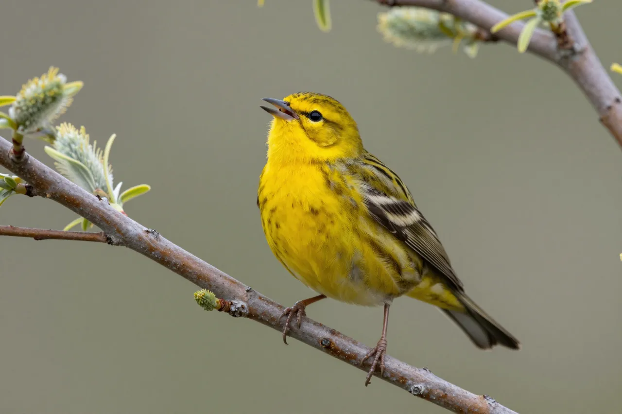 A bright yellow warbler with an open beak perches on a budding willow branch against a soft blurred background.