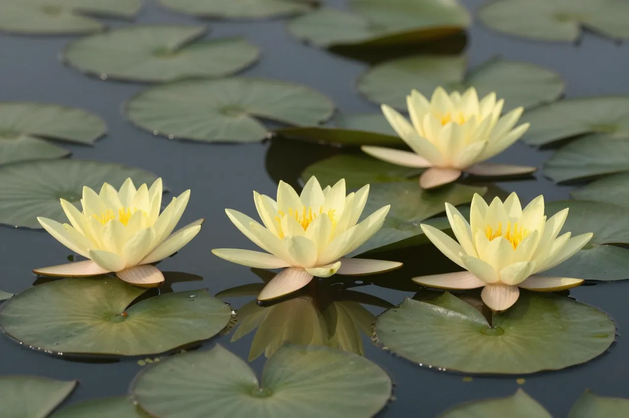 Four pale yellow water lilies bloom among green lily pads floating on calm dark pond water.