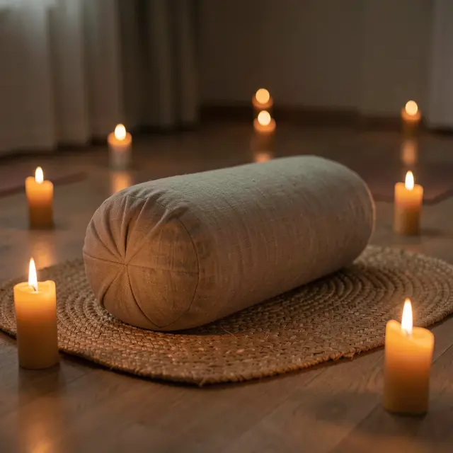 A linen yoga bolster rests on a woven mat surrounded by lit candles on a wooden floor