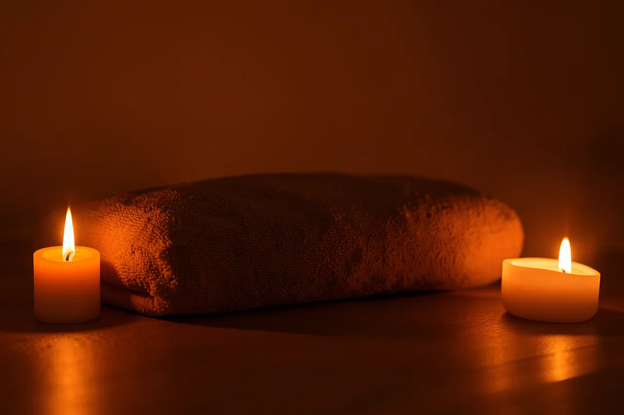 Lit tealight candles flank a plush yoga bolster bathed in warm evening light
