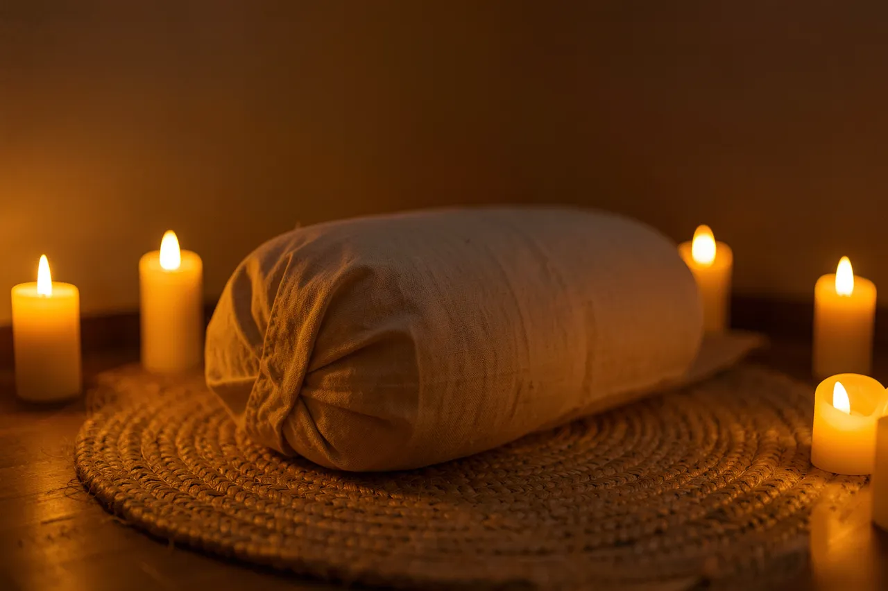 Linen yoga bolster rests on a woven mat surrounded by lit candles in warm evening light