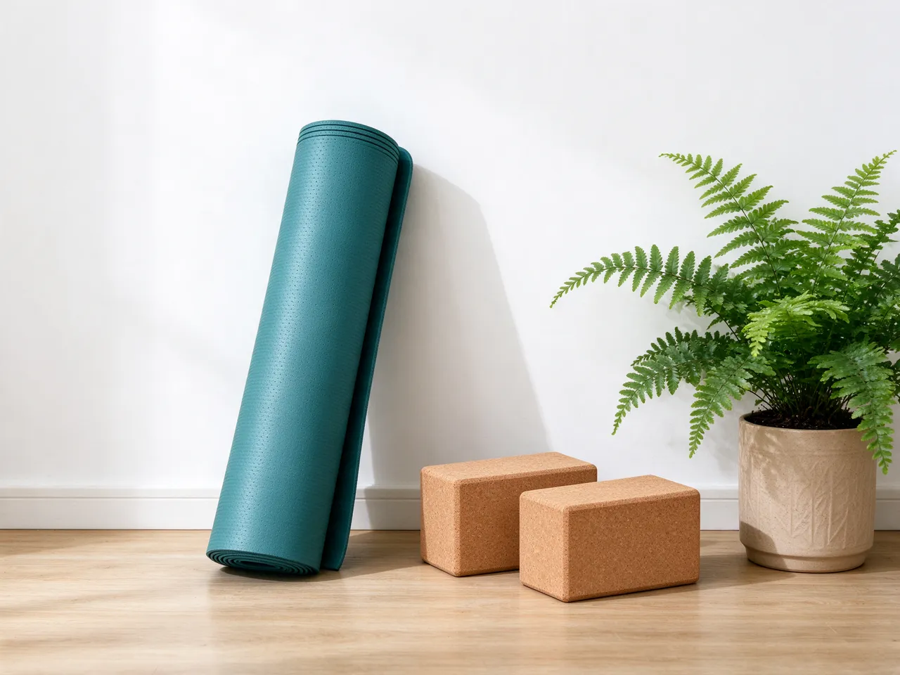 A rolled teal yoga mat, two cork yoga blocks, and a potted fern sit against a white wall on a wooden floor.