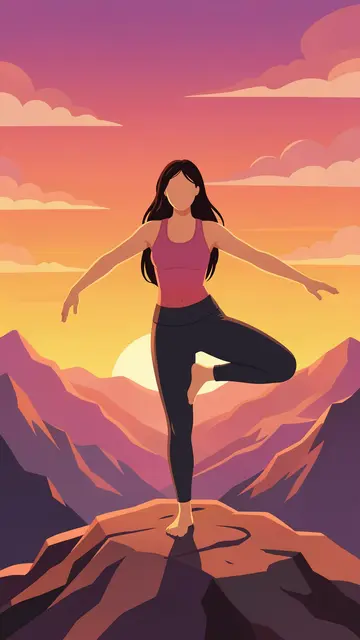 A faceless woman holds a tree pose yoga stance on a rocky mountaintop at colorful sunrise