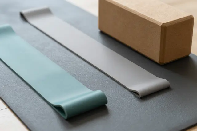 Resistance bands and a cork yoga block rest on a dark exercise mat atop light wood flooring.