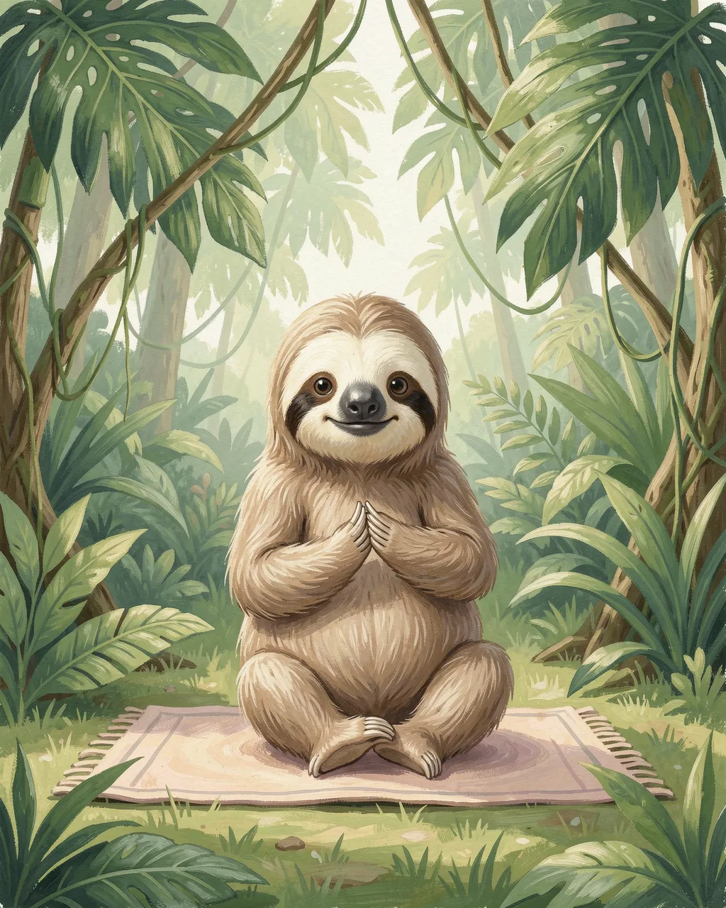 A cute sloth sits in a meditative yoga pose on a mat beneath a lush soft green jungle canopy