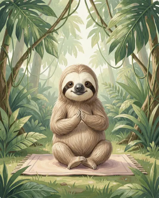 A cute sloth sits in a meditative yoga pose on a mat beneath a lush soft green jungle canopy