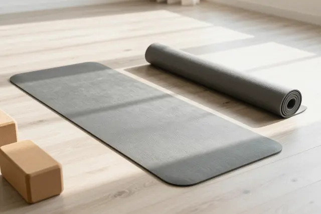 Gray yoga mats and wooden blocks rest on a pale wood floor lit by soft morning sunlight