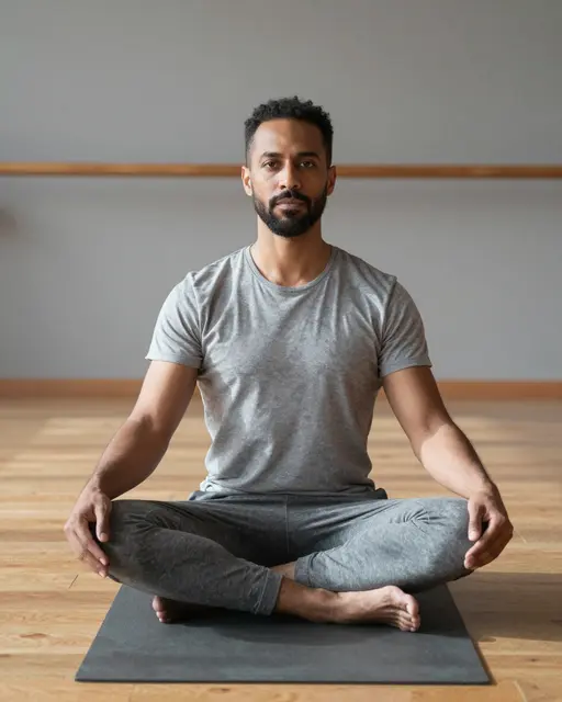 A mixed-race man in his thirties sits cross-legged on a yoga mat in a sunlit wooden studio.