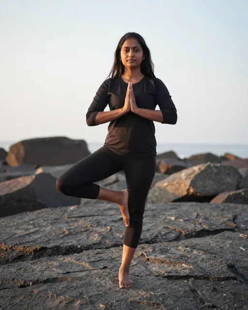 South Asian woman holds tree pose yoga on a rocky coastal shore at soft sunrise