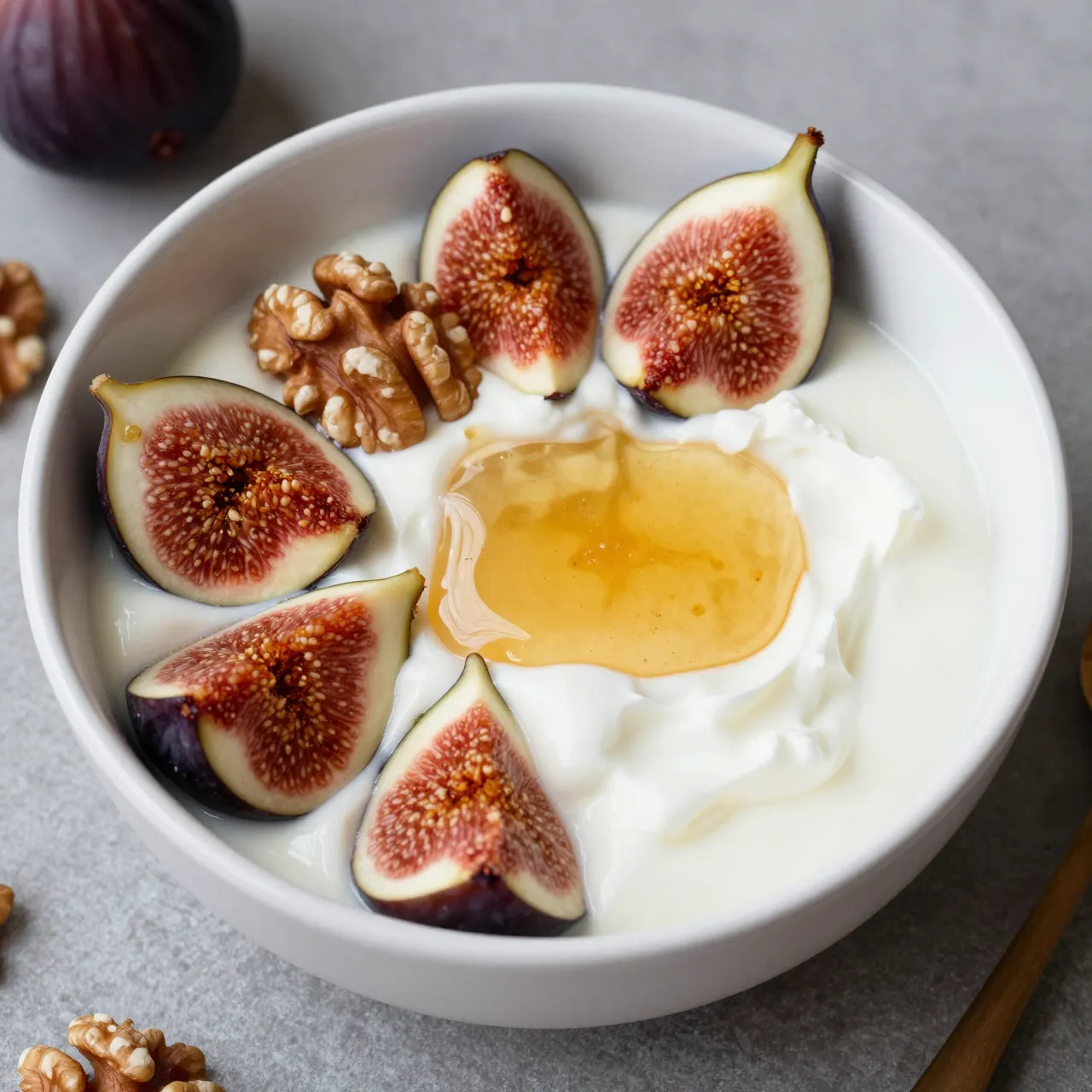 A white bowl of greek yogurt topped with fresh fig slices, walnuts and a drizzle of honey on a gray countertop