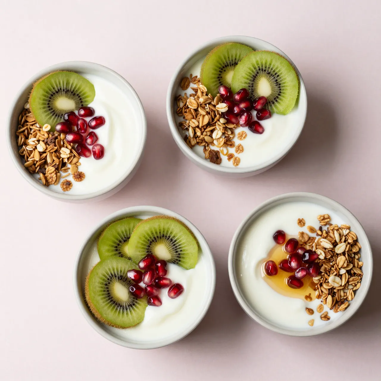 Top-down flat lay of four yogurt parfait bowls topped with granola, kiwi, pomegranate seeds and honey on a pale pink table.