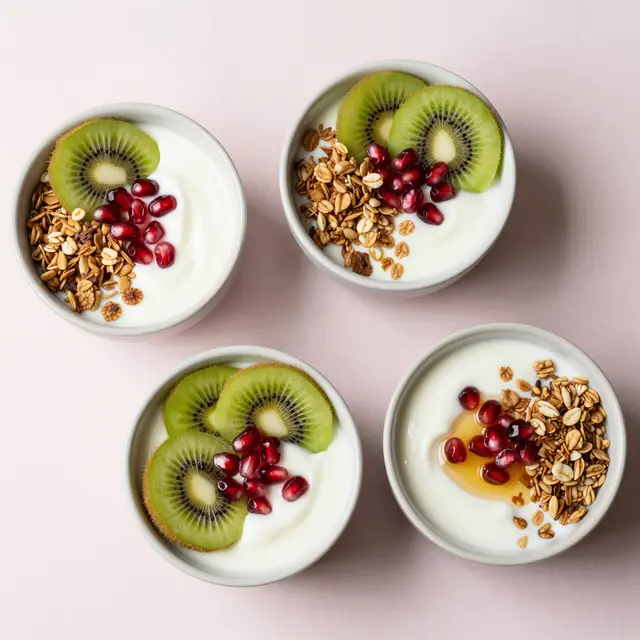 Top-down flat lay of four yogurt parfait bowls topped with granola, kiwi, pomegranate seeds and honey on a pale pink table.