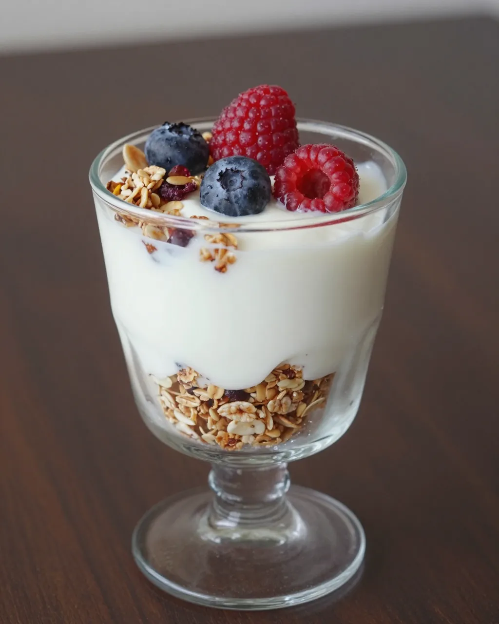 A yogurt parfait layered with granola and topped with fresh berries sits in a small footed glass on a dark wooden table.