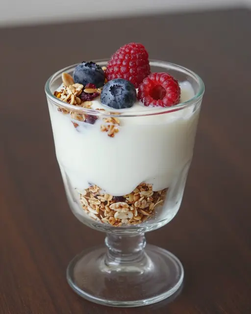 A yogurt parfait layered with granola and topped with fresh berries sits in a small footed glass on a dark wooden table.