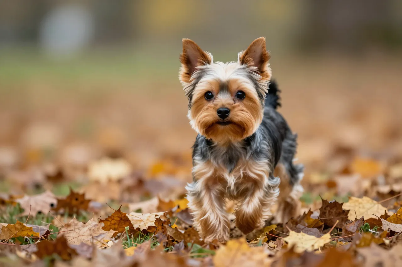 Yorkshire Terrier puppy with pricked ears walks through fallen autumn leaves in a park
