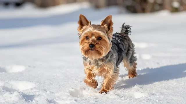 A Yorkshire Terrier trots across fresh sunlit powder snow in a winter garden