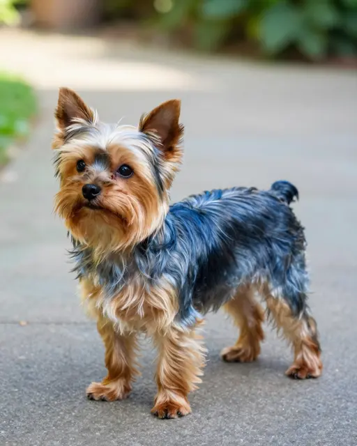 A Yorkshire Terrier with steel blue and tan fur stands on a sunny paved garden path looking toward the camera.