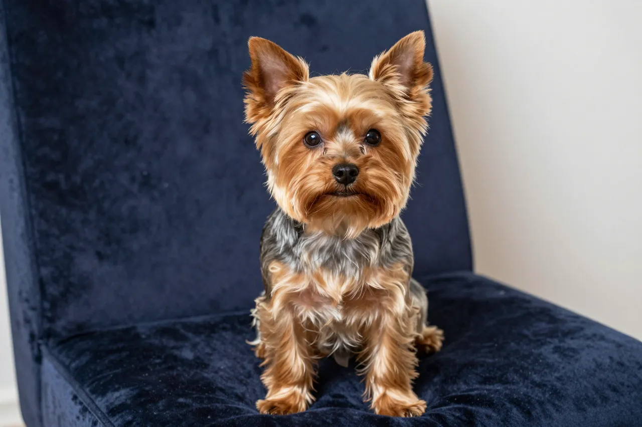 A fluffy Yorkshire terrier sits upright on a dark blue velvet chair looking at the camera