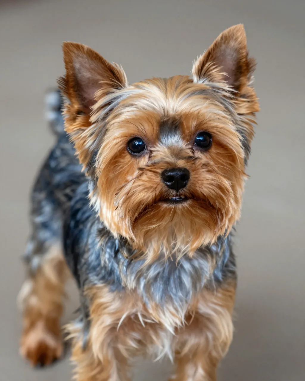 A close-up portrait of a standing yorkshire terrier looking directly at the camera against a soft neutral background.