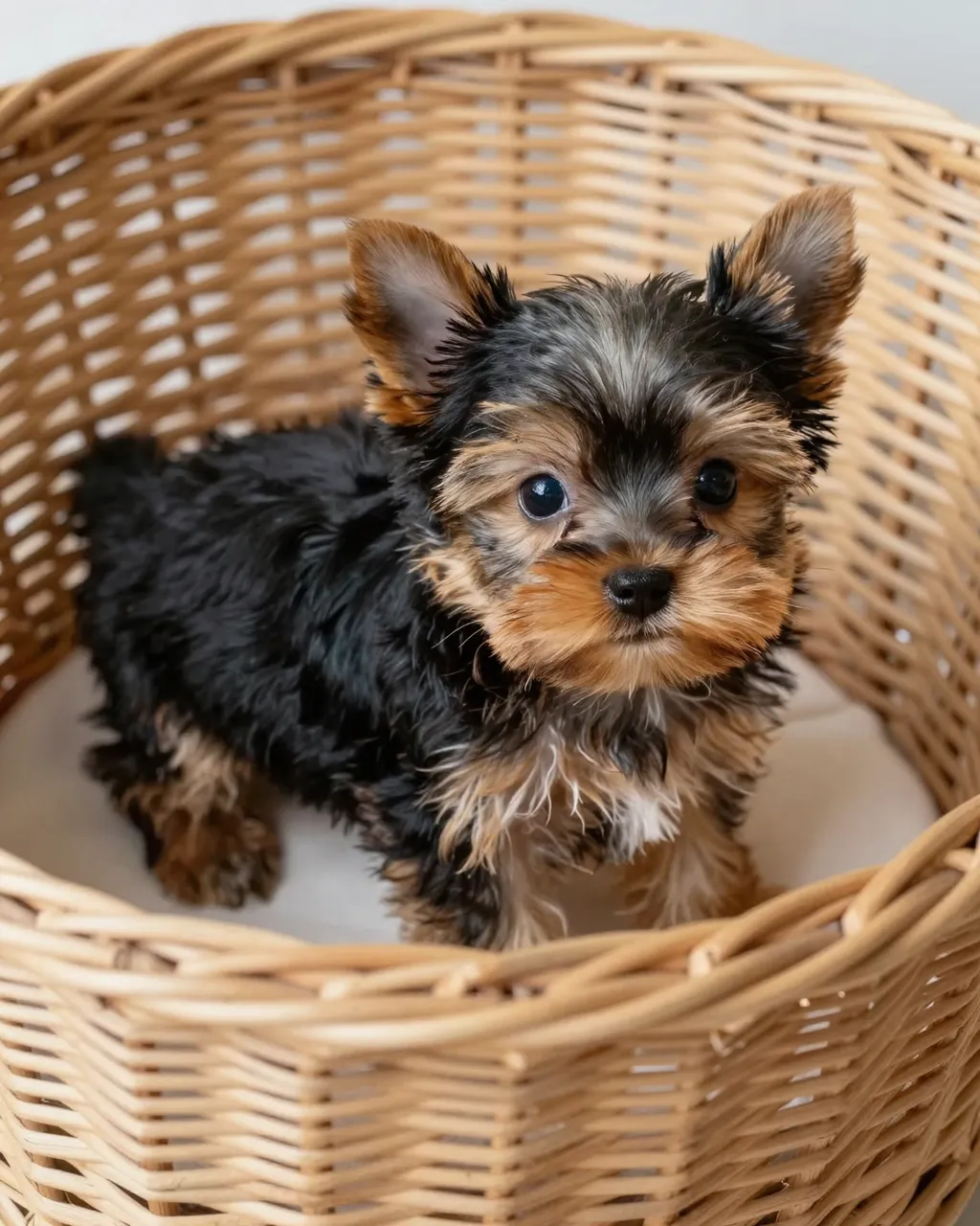 A fluffy black and tan Yorkshire Terrier puppy sits inside a small round wicker basket looking toward the camera.