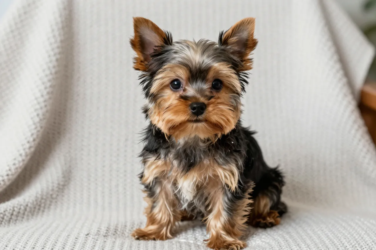 A fluffy Yorkshire terrier puppy sits upright on a light knitted blanket looking at the camera