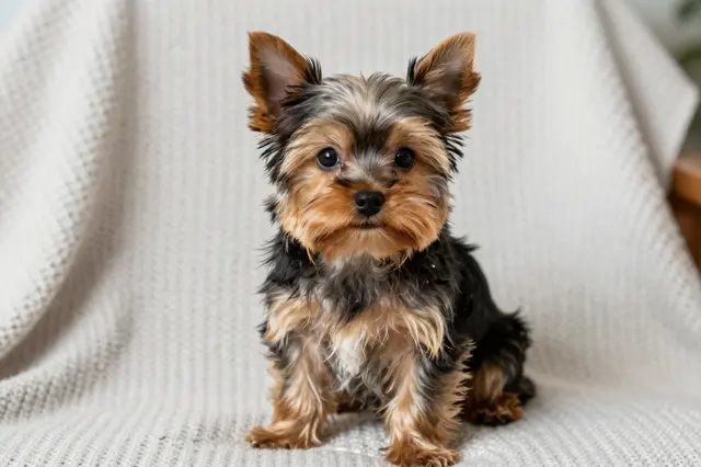 A fluffy Yorkshire terrier puppy sits upright on a light knitted blanket looking at the camera