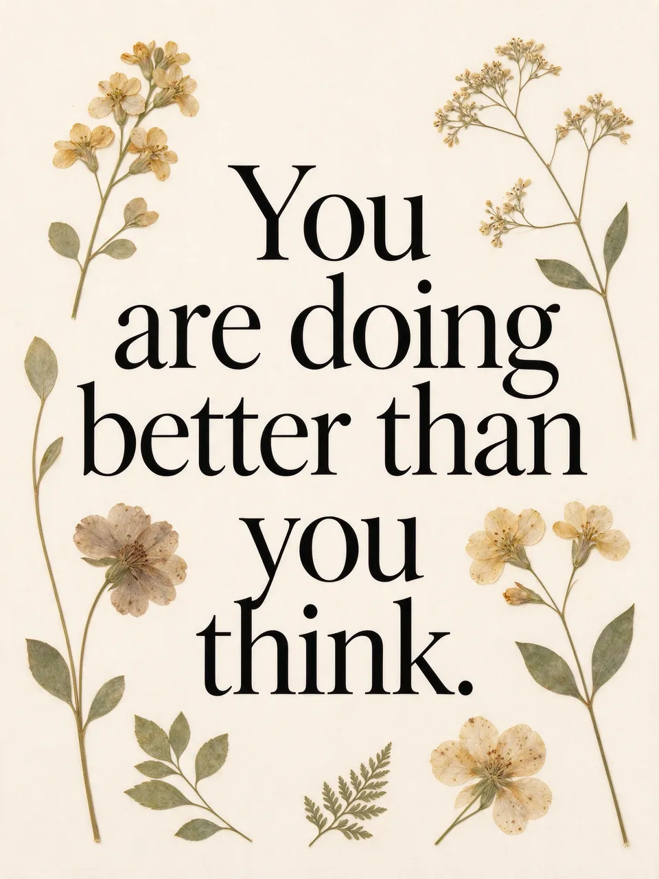 Black serif quote "You are doing better than you think." framed by delicate pressed flowers on a cream background