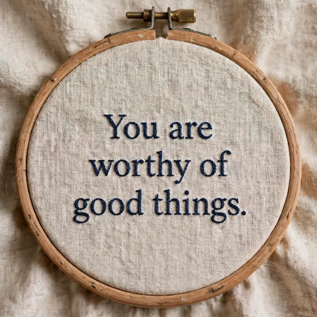 Navy embroidered text "You are worthy of good things." stitched on natural linen in a wooden embroidery hoop