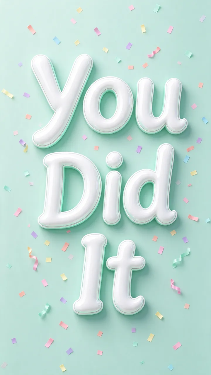 Glossy white 3D bubble letters spelling "You Did It" sit above pastel confetti on a soft mint background