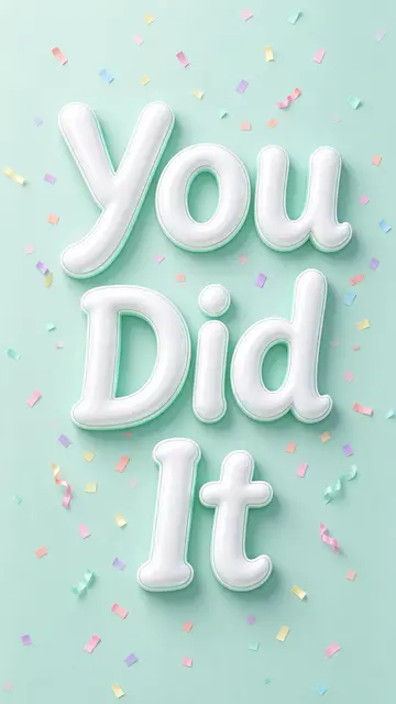 Glossy white 3D bubble letters spelling "You Did It" sit above pastel confetti on a soft mint background
