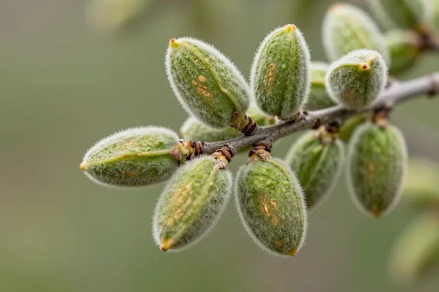 Close-up of an almond branch holding fuzzy unripe green almond hulls against a soft blurred background