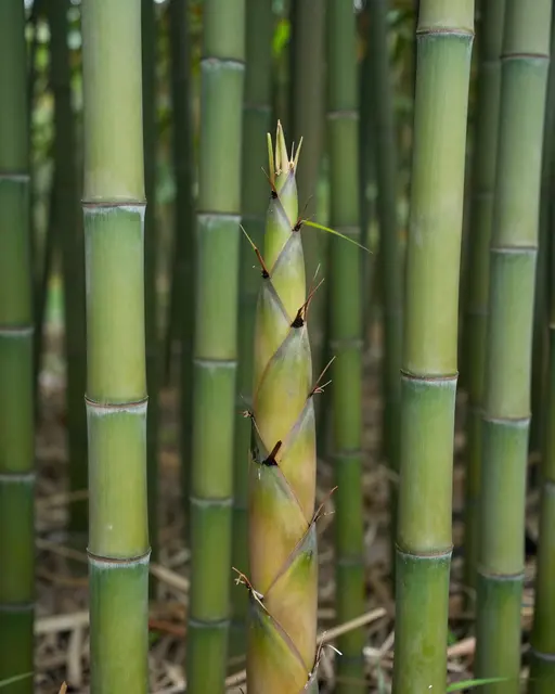 A fresh growing bamboo shoot stands centered among tall mature green bamboo stalks in a grove