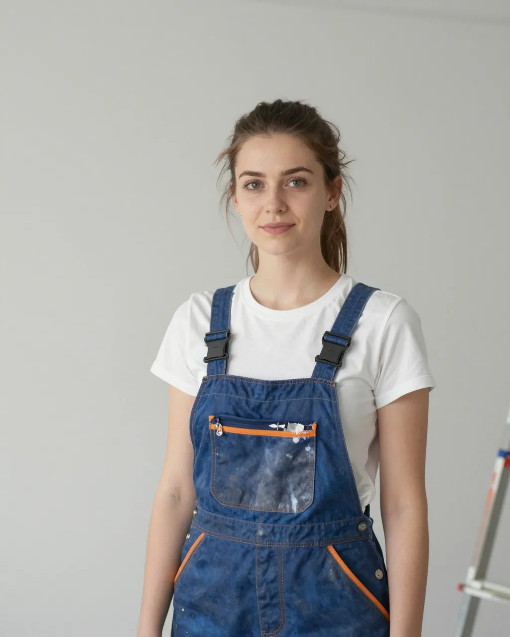 A young woman in paint-splattered blue overalls stands against a pale gray interior wall next to a partial step ladder.