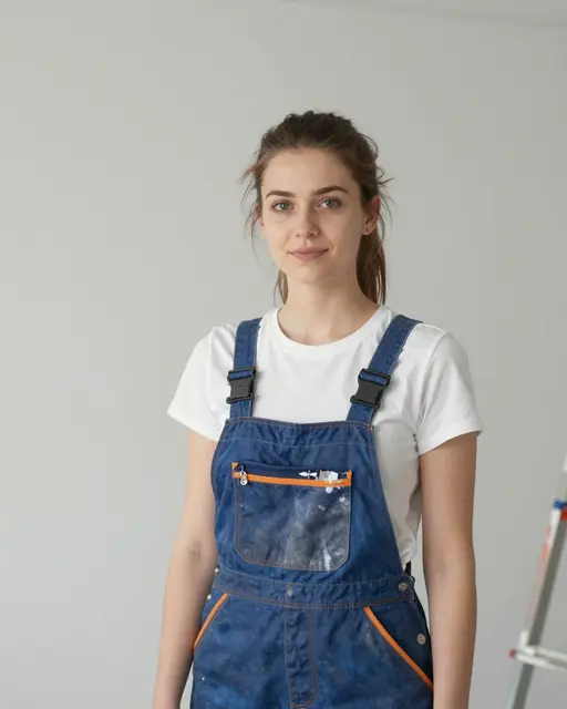 A young woman in paint-splattered blue overalls stands against a pale gray interior wall next to a partial step ladder.