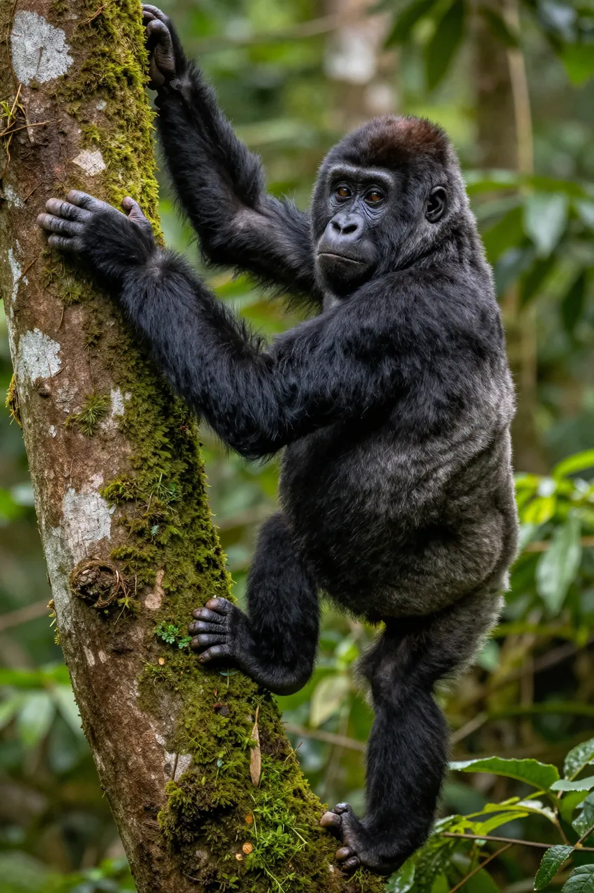 A young gorilla grips a mossy rainforest tree trunk and looks back over its shoulder.