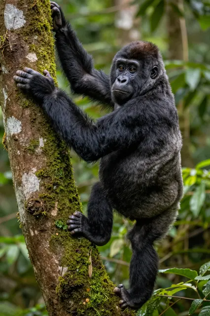 A young gorilla grips a mossy rainforest tree trunk and looks back over its shoulder.