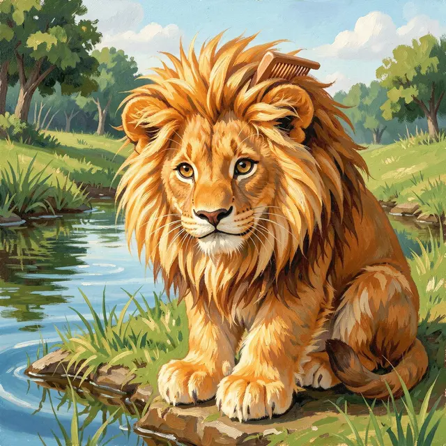 Gouache painting of a cute young lion with a wooden comb in its mane sitting beside a calm pond