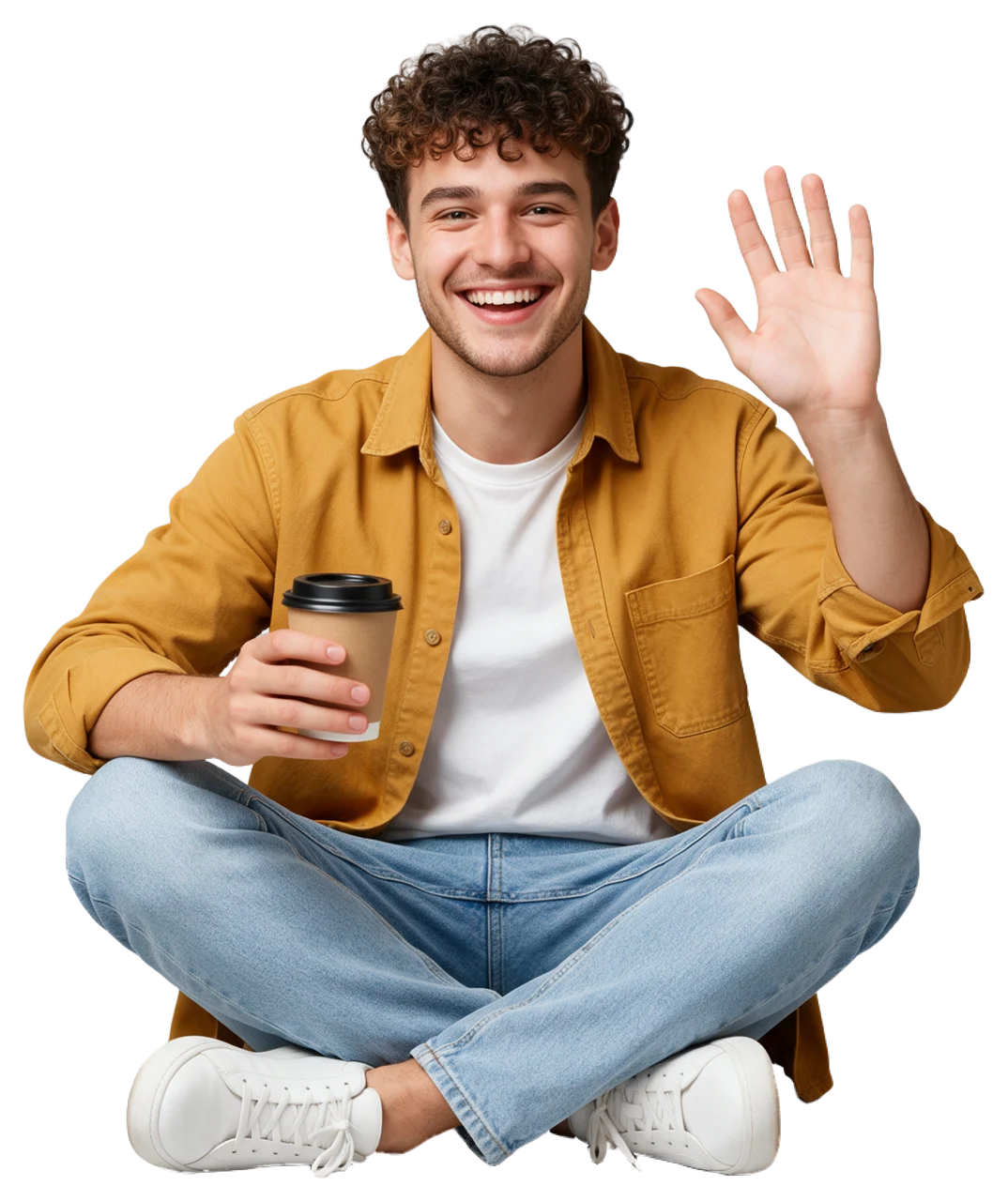 Smiling young man sits cross-legged holding a takeaway coffee cup and waving