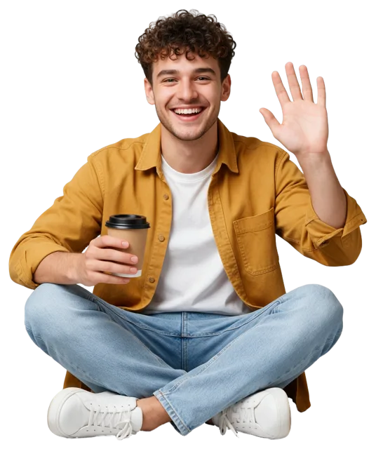 Smiling young man sits cross-legged holding a takeaway coffee cup and waving