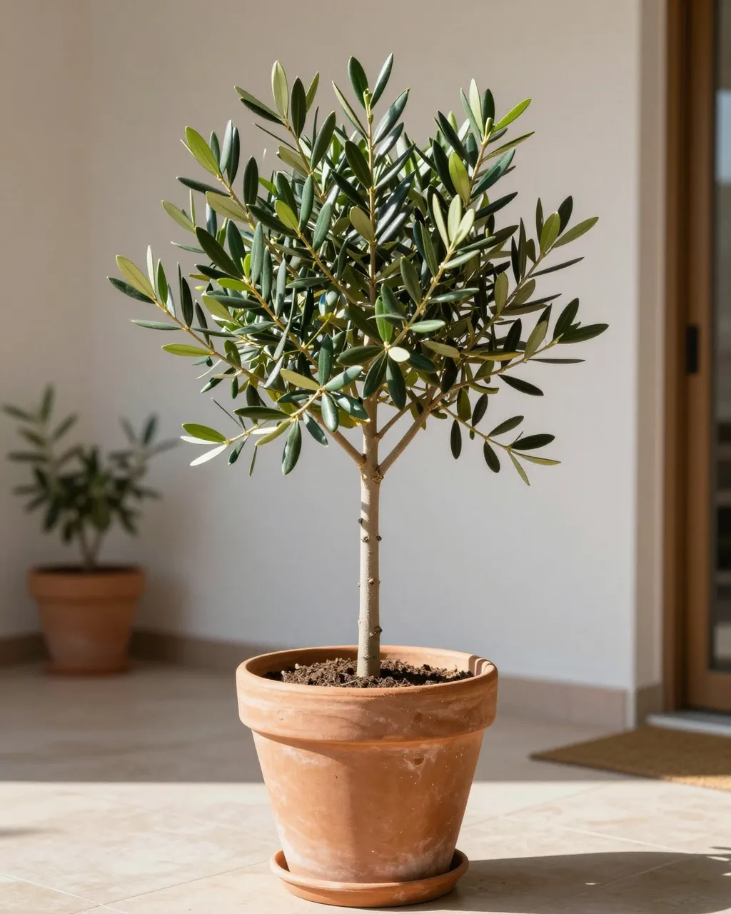 A young potted olive tree in a terracotta pot sits on a sunlit tiled patio, with a second blurred potted plant in the