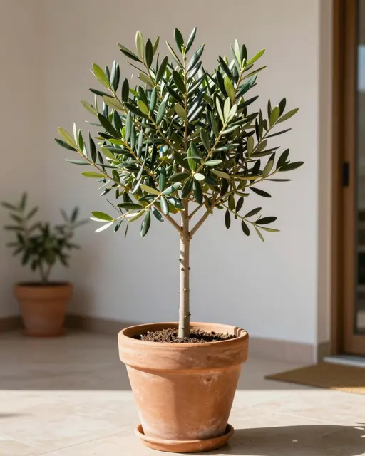 A young potted olive tree in a terracotta pot sits on a sunlit tiled patio, with a second blurred potted plant in the