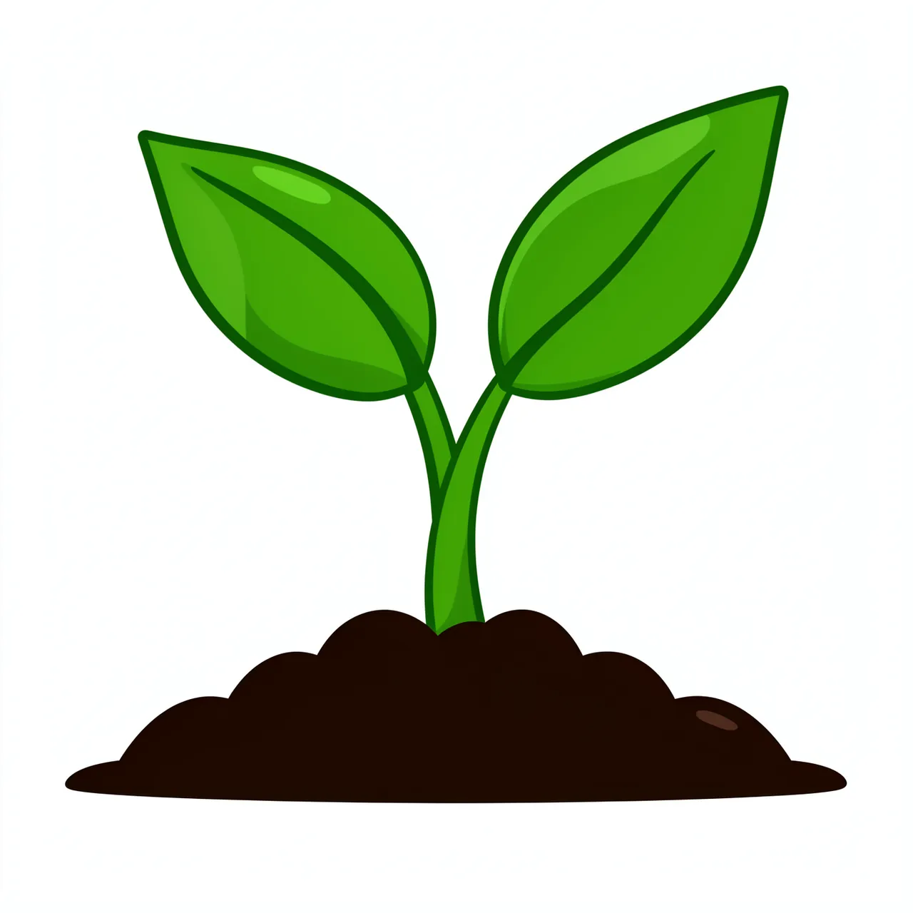 Flat cartoon illustration of a green seedling sprout with two leaves emerging from dark soil on a white background