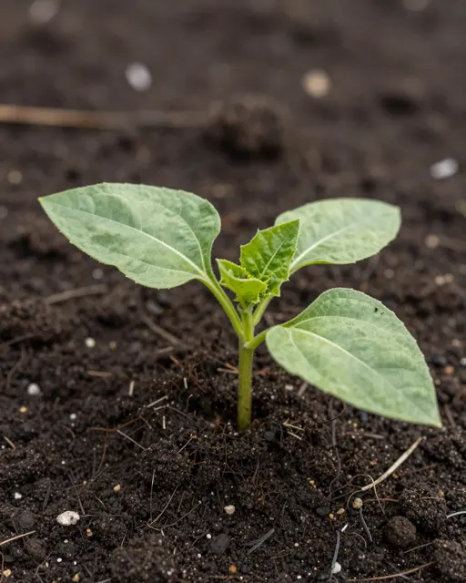 Close-up macro shot of a young sunflower seedling growing in dark garden soil